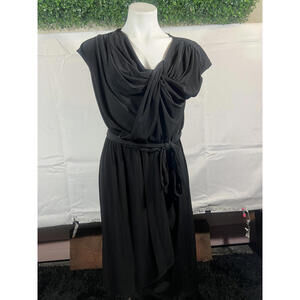 Maxandcleo Black Midi Dress with Draped Front and Waist Tie, Size M